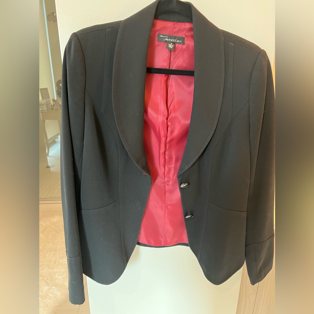 Atelier black blazer with red inside lining. Size 4